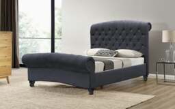 Rackhams Luxurious Cannes Plush Velvet Diamante Chesterfield Sleigh Bed - Elegance Redefined - Navy - 4ft6 - thumbnail 3