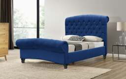 Rackhams Luxurious Cannes Plush Velvet Diamante Chesterfield Sleigh Bed - Elegance Redefined - Navy - 4ft6