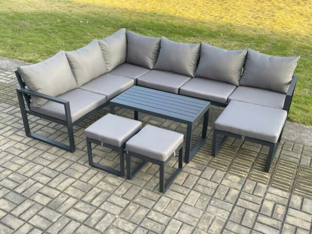 Rackhams Aluminium 9 Seater Outdoor Lounge Corner Sofa Set Garden Furniture Sets with Oblong Coffee Table 3 Footstools Dark Grey