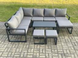 Rackhams Aluminium 9 Seater Outdoor Lounge Corner Sofa Set Garden Furniture Sets with Oblong Coffee Table 3 Footstools Dark Grey - thumbnail 2