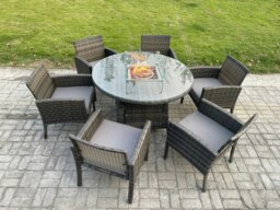 Rackhams Outdoor Rattan Garden Furniture Set Gas Fire Pit Round Table Sets Gas Heater with 6 Seater Dining Cahirs Dark Grey Mixed - thumbnail 2