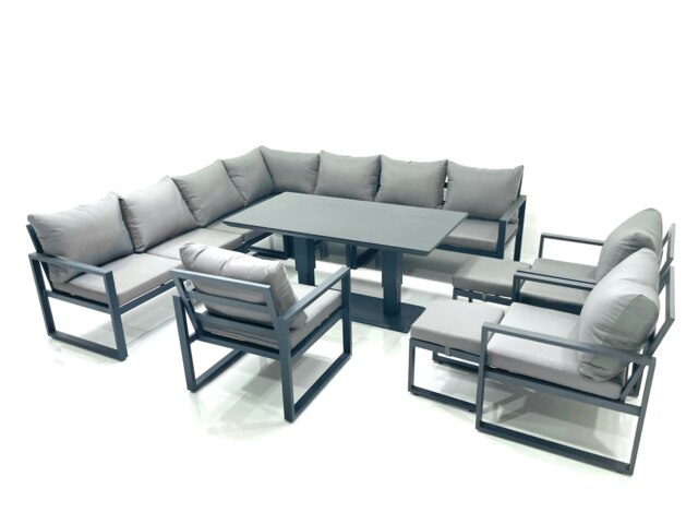 Rackhams 12 Seater Outdoor Aluminium Garden Furniture Set Corner Sofa 3 Chair 2 Small Footstool Adjustable Rising Lifting Dining Table Sets Dark Grey