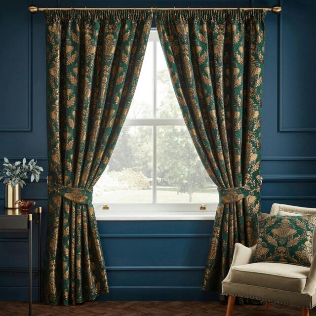 Rackhams Shiraz Traditional Jacquard Pencil Pleat Curtains - Emerald - 183cm x 168cm - Emerald - 100% Mixed