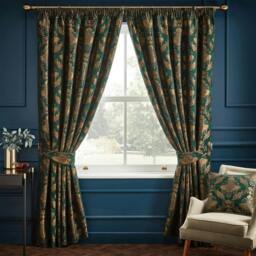 Rackhams Shiraz Traditional Jacquard Pencil Pleat Curtains - Emerald - 183cm x 168cm - Emerald - 100% Mixed