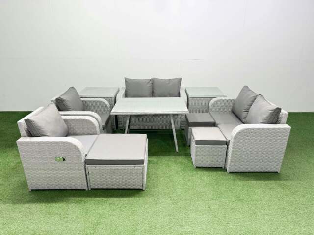 Rackhams 9 Seater Rattan Garden Furniture Set Outdoor Love Sofa Set with Rectangular Dining Table 2 Side Tables 3 Footstools Light Grey - image 1