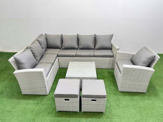 Rackhams Outdoor Rattan Garden Furniture Set 9 Seater Corner Sofa Sets with Square Coffee Table Chair 2 Small Footstools Light Grey Mixed - image 1