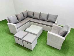 Rackhams Outdoor Rattan Garden Furniture Set 9 Seater Corner Sofa Sets with Square Coffee Table Chair 2 Small Footstools Light Grey Mixed - thumbnail 2
