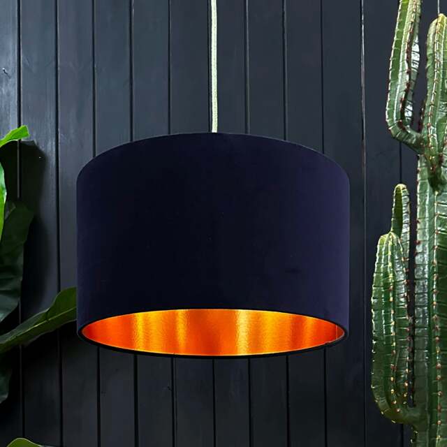 "Rackhams Indigo Velvet Lampshade With Copper Foil Lining - 60cm Diameter x 30cm Height / (24"" x 12"")" - image 1