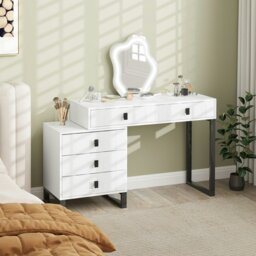 Rackhams Dressing Table with LED Leaf Shape Mirror and 5 Drawers, White - White - thumbnail 1