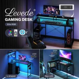 Rackhams Gaming Desk RGB LED Light Power Computer Table Storage Shelf Home Office - Neo LED - thumbnail 2