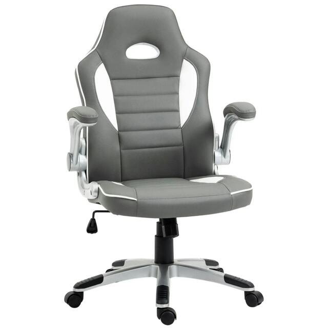 Rackhams Computer Gaming Chair, Office Desk Swivel Chair, PU Leather Racing Chair with 90° Flip-up Armrest, Adjustable Height and Rolling Wheels, Grey - image 1