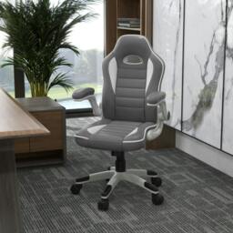 Rackhams Computer Gaming Chair, Office Desk Swivel Chair, PU Leather Racing Chair with 90° Flip-up Armrest, Adjustable Height and Rolling Wheels, Grey - thumbnail 2