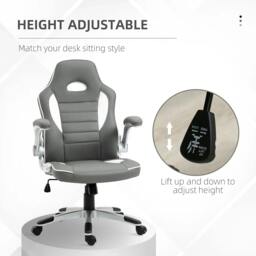 Rackhams Computer Gaming Chair, Office Desk Swivel Chair, PU Leather Racing Chair with 90° Flip-up Armrest, Adjustable Height and Rolling Wheels, Grey - thumbnail 4