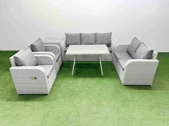 Rackhams PE Rattan Garden Furniture Set Outdoor Rectangular Dining Table Sofa Set with Reclining Chair Side Table Light Grey - image 1