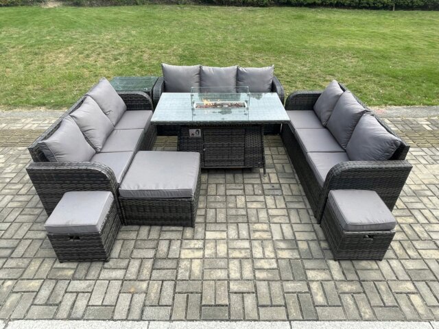 Rackhams Rattan Outdoor Garden Furniture Set with Gas Fire Pit Table, Side Table, 3 Sofas, 3 Footstools - 12 Seater - Dark Grey - image 1
