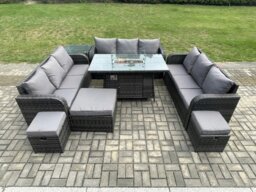 Rackhams Rattan Outdoor Garden Furniture Set with Gas Fire Pit Table, Side Table, 3 Sofas, 3 Footstools - 12 Seater - Dark Grey - thumbnail 1