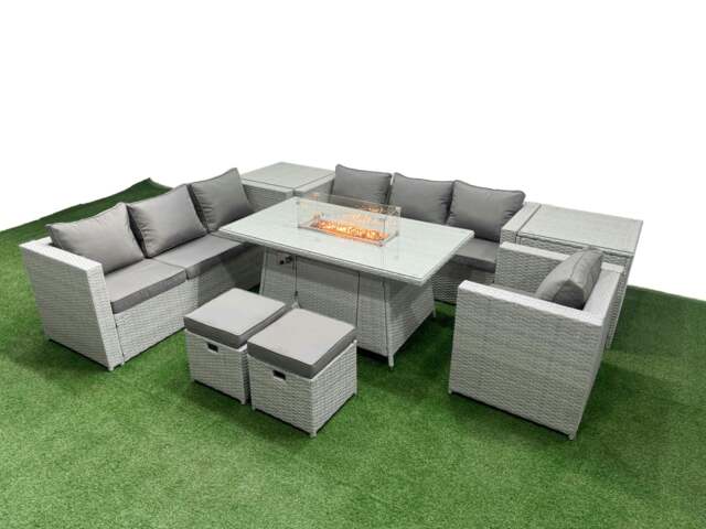 Rackhams 9 Seat PE Rattan Lounge Sofa Set Outdoor Garden Furniture Set with Fire Pit Dining Table 3 Seater Sofa 2 Small Stools 2 Side Tables Light Grey - image 1