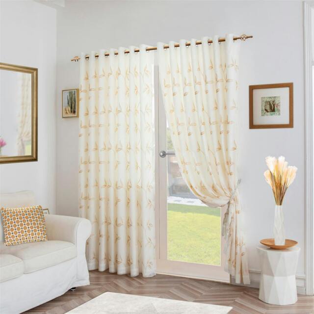 Rackhams Leaf Embroidered Tulle Voile Curtains Ring Top - Gold - 147cm width x 137cm drop - image 1