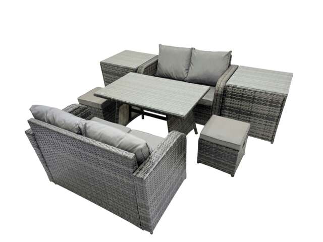 Rackhams 6 Seater Garden Outdoor Rattan Furniture Set Rattan Sofa Oblong Dining Table with 2 Small Footstools 2 Side Table Dark Grey - image 1