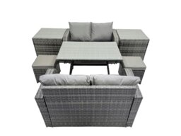 Rackhams 6 Seater Garden Outdoor Rattan Furniture Set Rattan Sofa Oblong Dining Table with 2 Small Footstools 2 Side Table Dark Grey - thumbnail 2