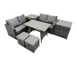 Rackhams 6 Seater Garden Outdoor Rattan Furniture Set Rattan Sofa Oblong Dining Table with 2 Small Footstools 2 Side Table Dark Grey - thumbnail 3