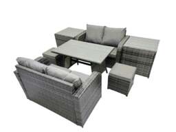 Rackhams 6 Seater Garden Outdoor Rattan Furniture Set Rattan Sofa Oblong Dining Table with 2 Small Footstools 2 Side Table Dark Grey - thumbnail 1