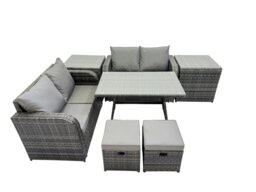 Rackhams 6 Seater Garden Outdoor Rattan Furniture Set Rattan Sofa Oblong Dining Table with 2 Small Footstools 2 Side Table Dark Grey - thumbnail 4