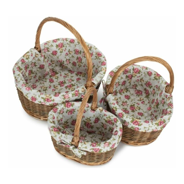 Rackhams Oval Unpeeled Willow Shopping Basket With Garden Rose Lining - Medium