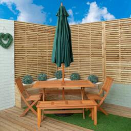 Rackhams Outdoor 6 Person Rectangular Wooden Garden Dining Table, 2 Benches, Chairs with Green Parasol and Base Set - Outdoor Furniture Sets - thumbnail 2