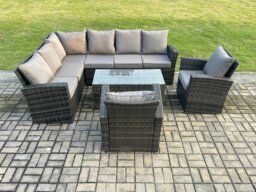 Rackhams 8 Seat Rattan Garden Furniture Corner Sofa Set Outdoor Patio Chair Sofa Table Set Dark Grey Mixed - thumbnail 2