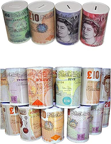 Rackhams Sterling Money Tin - Piggy Bank, Coin Tin, Cash Tin, Savings Tin, Money Box to Save Birthday Money, Holiday and Christmas Fund - (15 cm x 10 cm) - Set of 12 RANDOM Note Designs - image 1