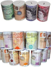 Rackhams Sterling Money Tin - Piggy Bank, Coin Tin, Cash Tin, Savings Tin, Money Box to Save Birthday Money, Holiday and Christmas Fund - (15 cm x 10 cm) - Set of 12 RANDOM Note Designs - thumbnail 1
