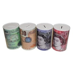 Rackhams Sterling Money Tin - Piggy Bank, Coin Tin, Cash Tin, Savings Tin, Money Box to Save Birthday Money, Holiday and Christmas Fund - (15 cm x 10 cm) - Set of 12 RANDOM Note Designs - thumbnail 2