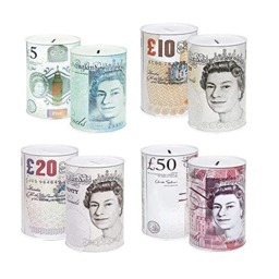 Rackhams Sterling Money Tin - Piggy Bank, Coin Tin, Cash Tin, Savings Tin, Money Box to Save Birthday Money, Holiday and Christmas Fund - (15 cm x 10 cm) - Set of 12 RANDOM Note Designs - thumbnail 5