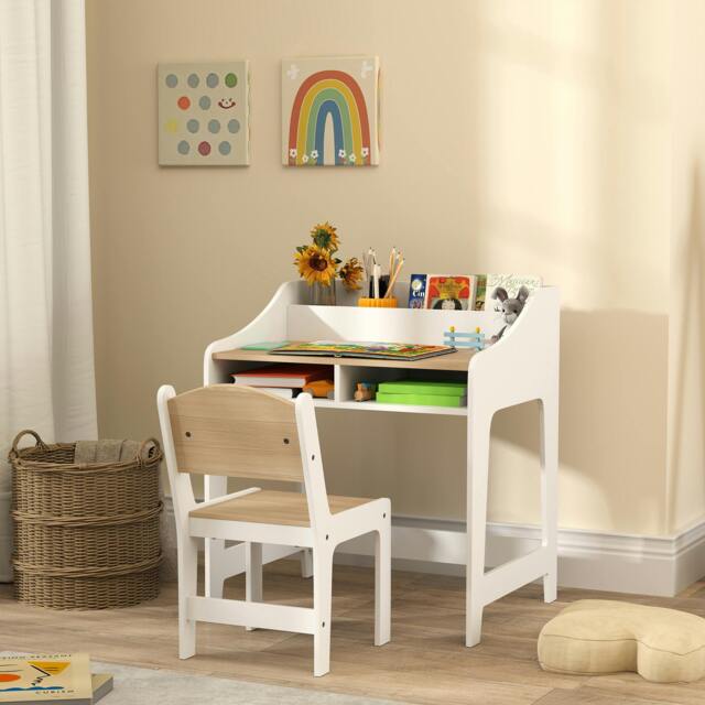 Rackhams Kids Desk and Chair Set, Children Study Table with Storage, Natural - Natural wood finish and white - Desk: 68H x 60L x 48D cm. Chair: 53H x 30W x 33.5D cm - image 1