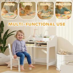 Rackhams Kids Desk and Chair Set, Children Study Table with Storage, Natural - Natural wood finish and white - Desk: 68H x 60L x 48D cm. Chair: 53H x 30W x 33.5D cm - thumbnail 4