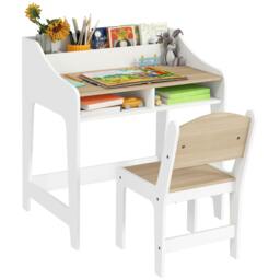 Rackhams Kids Desk and Chair Set, Children Study Table with Storage, Natural - Natural wood finish and white - Desk: 68H x 60L x 48D cm. Chair: 53H x 30W x 33.5D cm - thumbnail 2