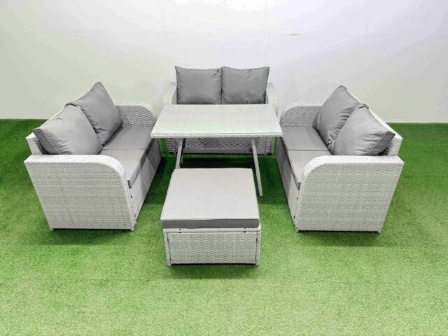 Rackhams Rattan Garden Furniture Dining Set 7 seater Patio Rectangular Table Love Sofa Set with Big Stool - image 1