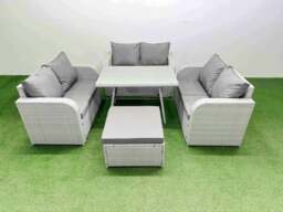 Rackhams Rattan Garden Furniture Dining Set 7 seater Patio Rectangular Table Love Sofa Set with Big Stool - thumbnail 1