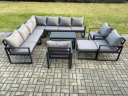 Rackhams Aluminium 13 Seater Outdoor Garden Furniture Set Lounge Corner Sofa Oblong Coffee Table 3 Pcs Chair Sets with 3 Footstools Dark Grey - thumbnail 2