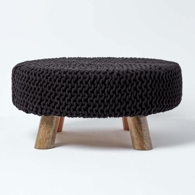 Rackhams Large Round Cotton Knitted Footstool on Legs - Black - image 1