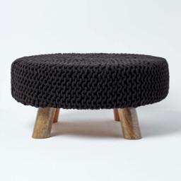Rackhams Large Round Cotton Knitted Footstool on Legs - Black