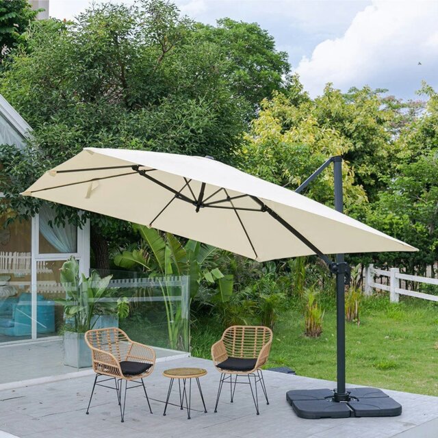 Rackhams 3 x 3M Wide Garden Parasol Outdoor Hanging UV Resistant and Waterproof Umbrella for Patio - Beige - Parasol + Cross Base + Petal Water Tank - image 1