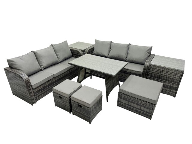 Rackhams Garden Rattan Outdoor Furniture Set 9 Seater with 3 Seater Sofa 3 Stools 2 Side Table Dark Grey - image 1
