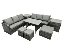 Rackhams Garden Rattan Outdoor Furniture Set 9 Seater with 3 Seater Sofa 3 Stools 2 Side Table Dark Grey - thumbnail 1