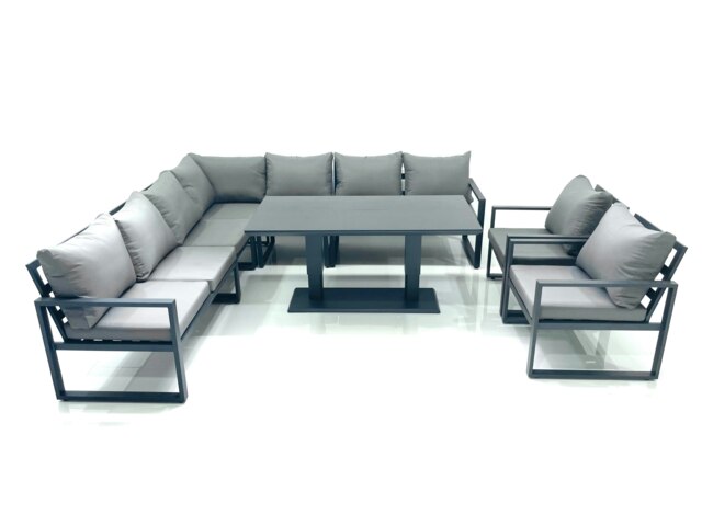 Rackhams 9 Seater Outdoor Aluminum Garden Furniture Set Corner Sofa 2 Chairs Adjustable Rising Lifting Dining Table Sets Dark Grey