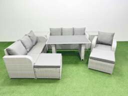 Rackhams Rattan Garden Furniture Dining Set 9 seater Patio Rectangular Table Sofa Set with 2 Side Tables 2 Big Stools Light Grey - thumbnail 1