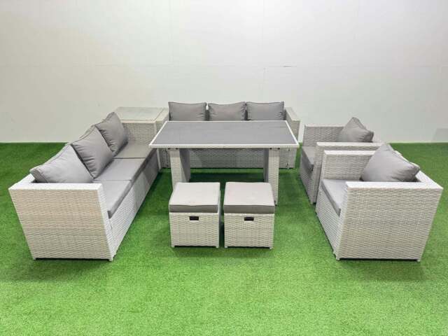 Rackhams 10 Seater Wicker PE Rattan Furniture Outdoor Dining Table 3 Seater Sofa Armchair Set with Side Table 2 Small Stools Light Grey - image 1
