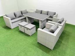 Rackhams 10 Seater Wicker PE Rattan Furniture Outdoor Dining Table 3 Seater Sofa Armchair Set with Side Table 2 Small Stools Light Grey - thumbnail 2