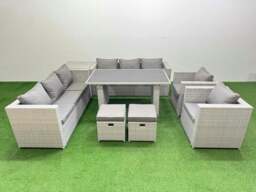 Rackhams 10 Seater Wicker PE Rattan Furniture Outdoor Dining Table 3 Seater Sofa Armchair Set with Side Table 2 Small Stools Light Grey - thumbnail 1